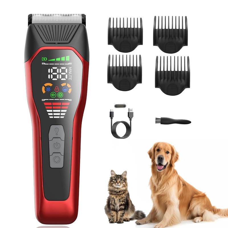 Professional Dog Grooming Clippers for Thick Heavy Coats,Type-C Rechargeable 2-Speed Dog Clippers with Spotlight Digital Display,Waterproof Cat Clippers for Small & Large Animals (Red-Black) Red-black