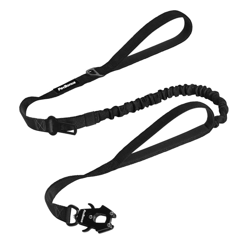 PetBonus Heavy Duty Tactical Dog Lead, 150 cm Bungee Shock Absorption Lead with 2 Padded Handles, Quick Release Metal Clip, Car Seatbelt, No Pull Training Leash for Large Medium Dogs (Black) Black