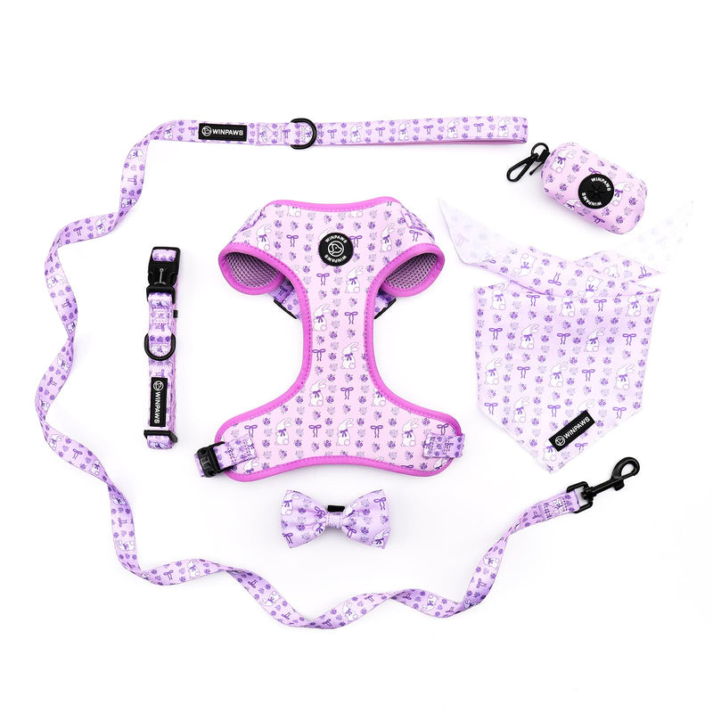 Dog Harness and Lead, Bow Tie Collar Set with Dog Poop Bag Holder and Bandanas, Escape Proof Adjustable Puppy Cat Vest with Soft Mesh Padded, Pet Supplies for Small Medium Dogs Kitten(Purple Rabbit,S) S（Chest：36-52cm,Neck:27-36cm） Purple Rabbit - PawsPlanet Australia