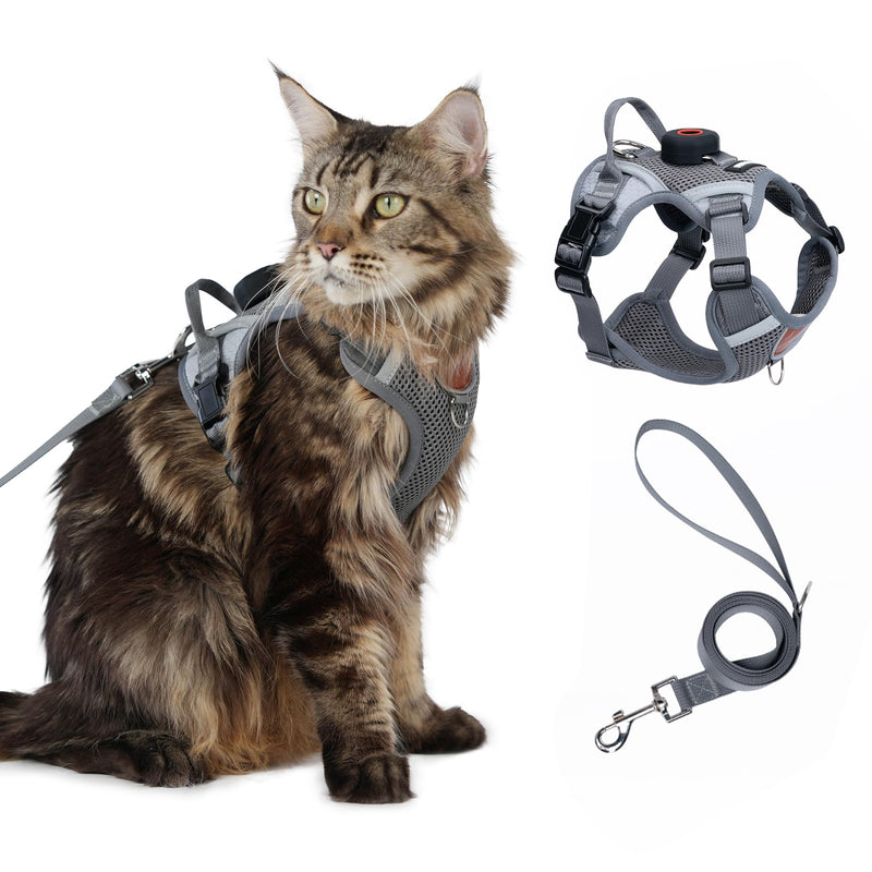 Cat Harness and Leash Set With AirTag Holder, Upgraded Escape Proof Adjustable Kitten Vest with Lead for Small Cat Outdoor Walking, Soft Breathable Mesh Jacket with Reflective Strips M, Gray Grey