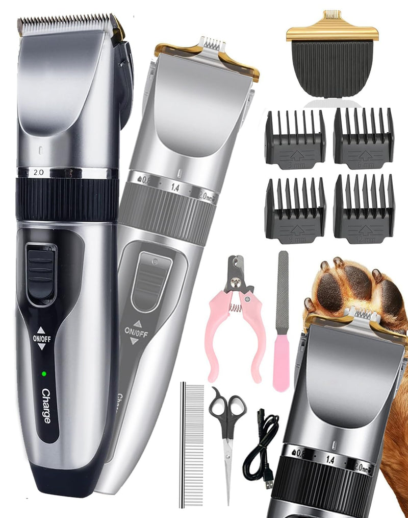 Dog Clippers and Paw Trimmer Kit 2-in-1, Cordless Low Noise Dog Grooming Clippers with Ceramic Blade, 7200 RPM Shaver for Thick Coats – Includes Nail Kit, Stainless Steel Comb, Grooming Scissors & Paw