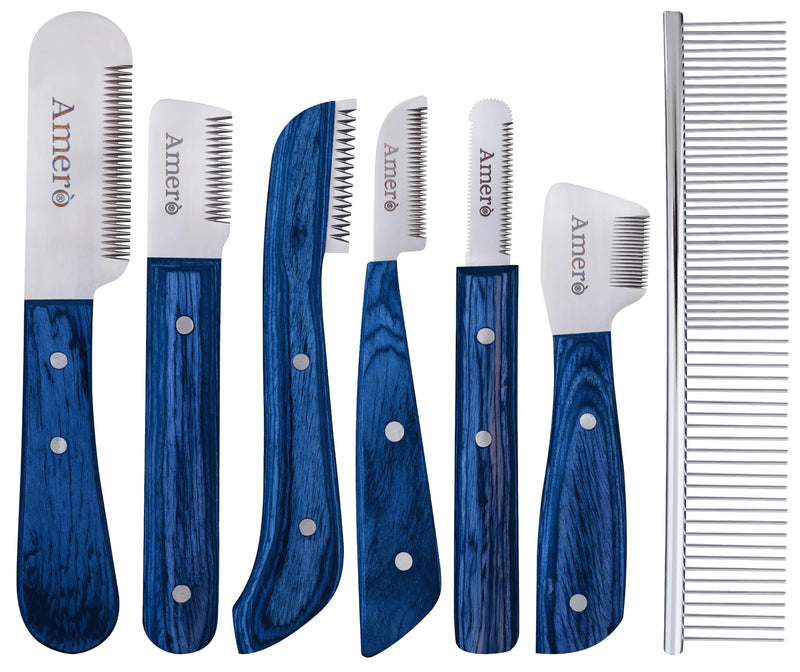 Premium 7-Piece Pet Grooming & Stripping Knife Kit with Bonus Comb – Professional Undercoat Removal Tools, Stainless Steel Blades & Ergonomic Wooden Handles for Dogs & Cats