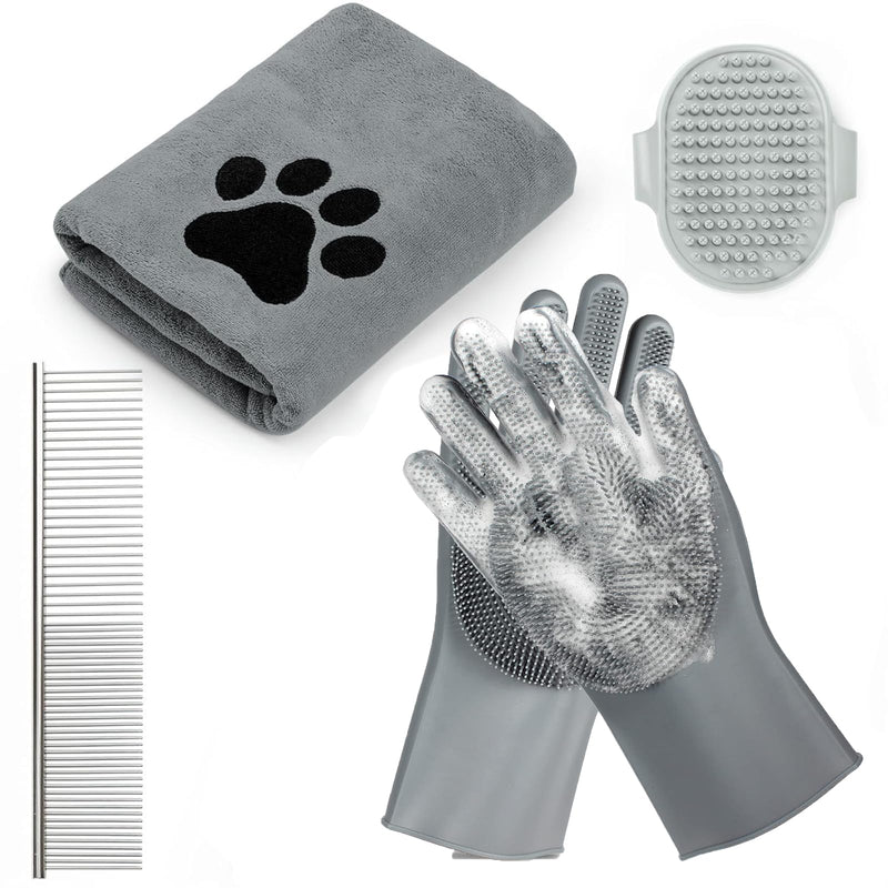 Dog Washing Kit, 4-in-1 Pet Bathing Set with Drying Towel, Washing Gloves, Metal Comb, Massage Brush – Bath Grooming Kit for Pets, Ideal Grooming Supplies for Dogs and Cats (4-Grey) 4-Grey