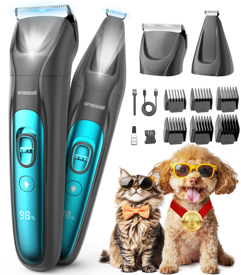 oneisall Dog Grooming Clippers & Paw Trimmer Kit 2-in-1,Pet Shaver with LED Light, Quiet Design for Dogs Cats,Cordless Dog Clippers for Full-Body Grooming and Safe Paw Care Blue 2-in-1