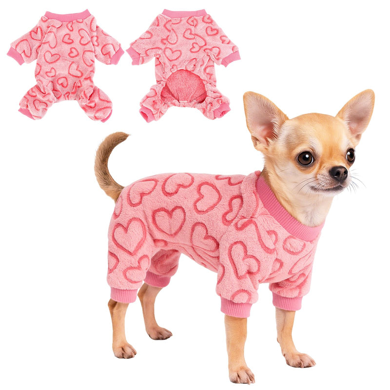 Dog Pajamas for Small Dogs Cats Fleece Jumper Heart Onesie Clothes Soft Pink Pyjamas Rompers Four-Legs Sleepwear Ffor Puppy Chihuahua Yorkie (XS) XS