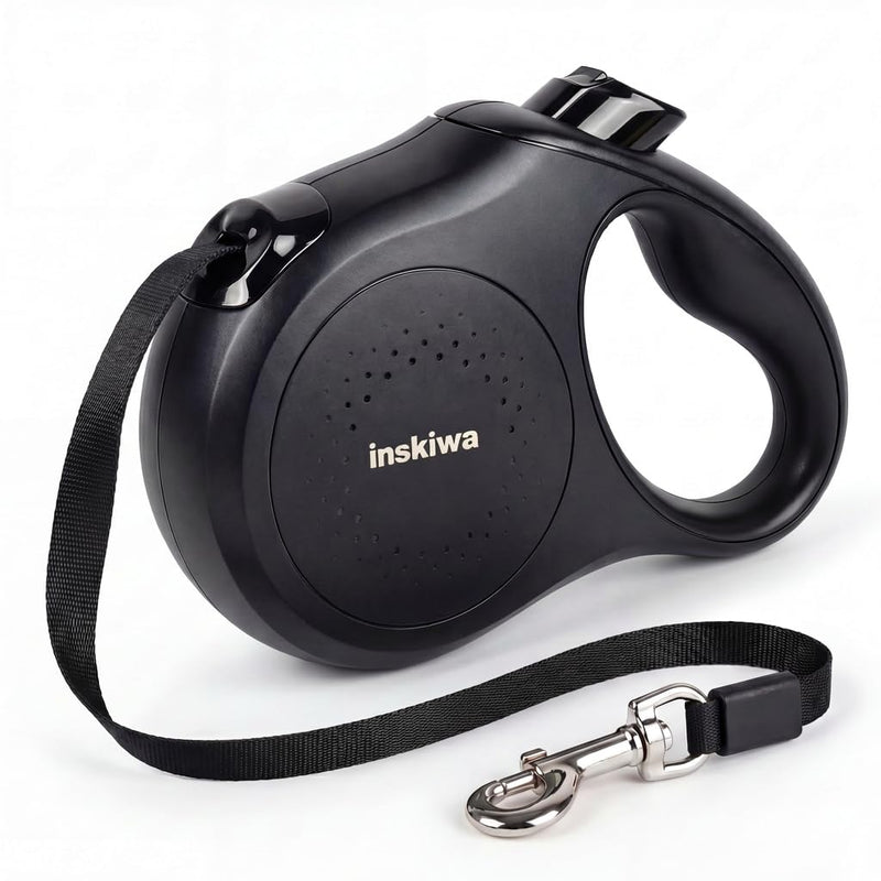 Retractable Dog Lead, 5m/16FT Extendable Dog Lead, 360° Tangle-Free, One-Handed Brake & Lock, Non-Slip Soft Grip Handle for Small & Medium Dogs, Max 25kg, inskiwa (Black) Black