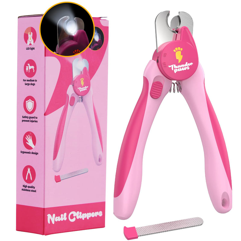 LED Dog Nail Clippers with Light, Trimmers with Protective Guard, Quick Sensor, Safety Lock and Nail File - Suitable for Large and Small Dogs & Cats (Pink, LED)