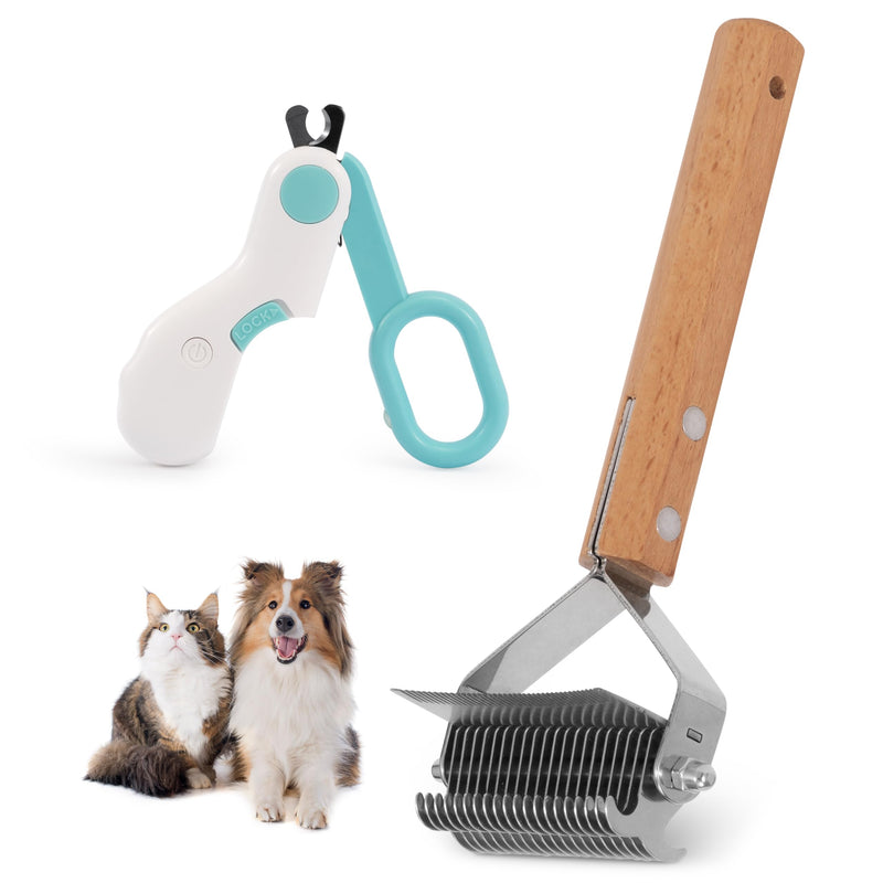 Dematting Comb for Dog and Cat - 2-in-1 Pet Grooming Brush for Long Haired Pet, Double Sided Dematting Shedding Comb with Nail Clipper, Matted Fur Removal Grooming Tool for Knots Mats Tangles