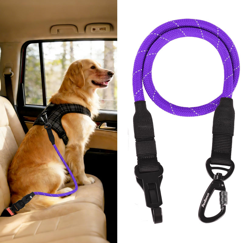 PetBonus Dog Seat Belt for Car, Durable Rope Dog Car Harness Seatbelt for Vehicle, Pet Tether Safety Restraint with Heavy Duty Buckle Hook Latch Lockable Clip for Small Medium Large Breeds (Purple) Purple