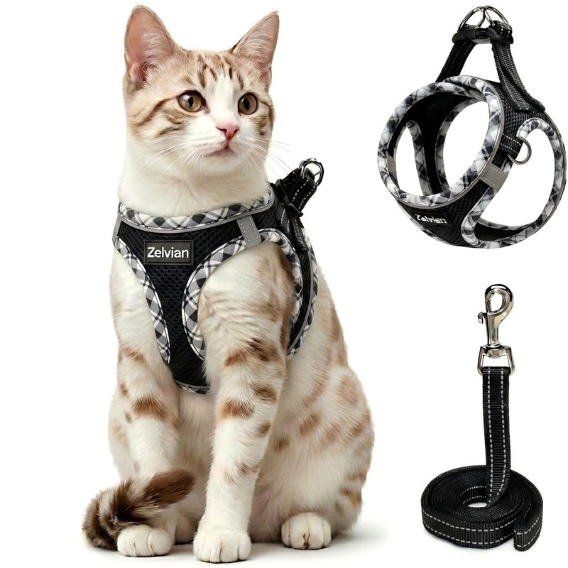Cat Harness and Lead Set for Outdoor Walking, Escape Proof Cat Harnesses with Dual D-Rings and Safe Leash, Soft Adjustable Reflective Mesh Kitten Harness for Small Cat & Puppy (Black, S) Black