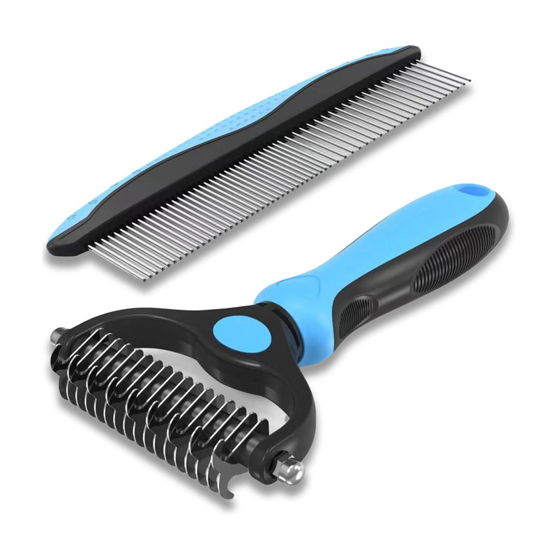 2 Piece Pet Grooming Rake and Brushes, Pet Combs, Dog Cat Comb, Stainless Steel Teeth, TPR Handle, 2-in-1 Single Sided Comb & Detangler for Dogs & Cats, for Removing Loose Hair, Mats, Tangles (Blue)