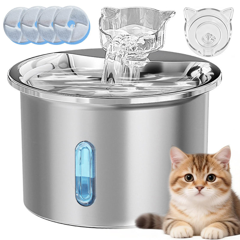2L Stainless Steel Cat Water Fountain - Pet Drinking Fountain for Cats with 4 Replacement Filters, Cute Cat Head Water Outlet, Visible Water Level Dispenser & Window, Quiet Cats Drinker silvery