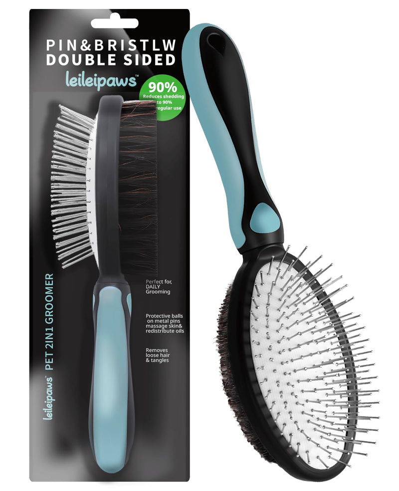 2-in-1 Dog Brush & Cat Brush - Detangling Comb for Long Hair & Short Hair, Metal Pins & Natural Bristles, Ergonomic TPR Handle, Gentle and Effective Grooming (Blue/Black)