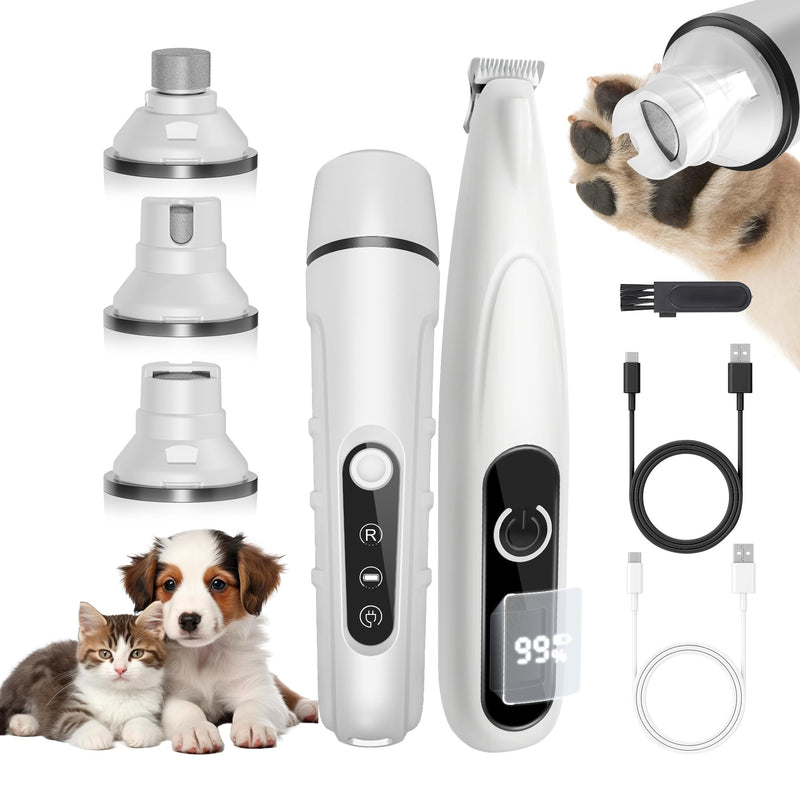 PAPMINI 2 in 1 Dog Nail Grinder and Dog Paw Trimmer, Quiet Painless Electric Dog Nail Trimmers for Large Medium Small Dogs&Cats, Cordless Clipper for Nails, Paws, Ears, Eyes, Rump&Body Grooming（White White