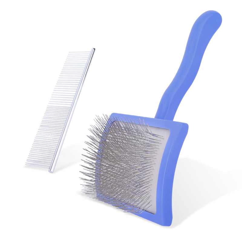 Slicker Brush with Comb for Dogs, Self-Cleaning Dog Grooming Brush with Long Pins & Rubber Round Tips Deshedding Comb for Long Hair Pets Cats Remove Tangles Knots (Blue) Blue
