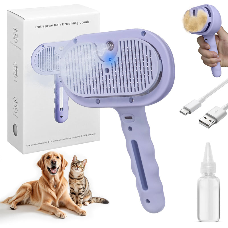 4 in 1 Pet Grooming Brush with Steam, Spray & Blue Light Sterilization – Hair Removal Comb for Dogs & Cats with Water Tank, Mist Release, Stainless Steel Teeth & Ergonomic Handle(Purple) Purple