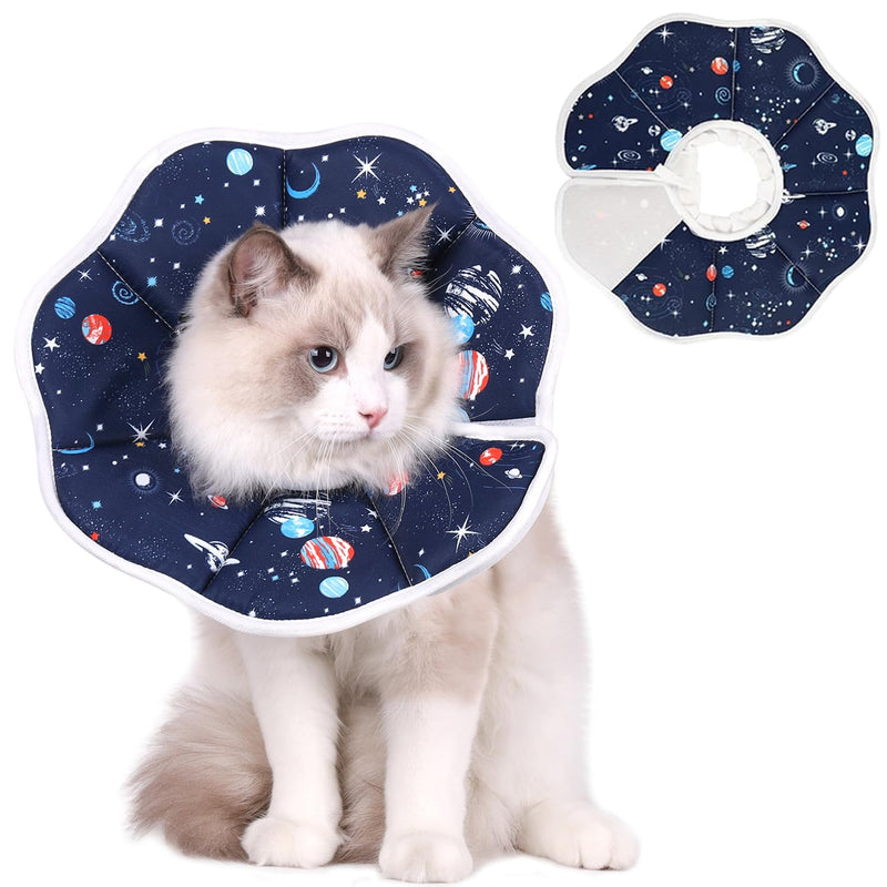 Soft Cat Cone Collar Planet Print (Size S), Adjustable Recovery Collar for Cats & Kittens, Comfortable Donut to Stop Licking Scratching Wounds After Surgery, Fits Neck 13-25cm