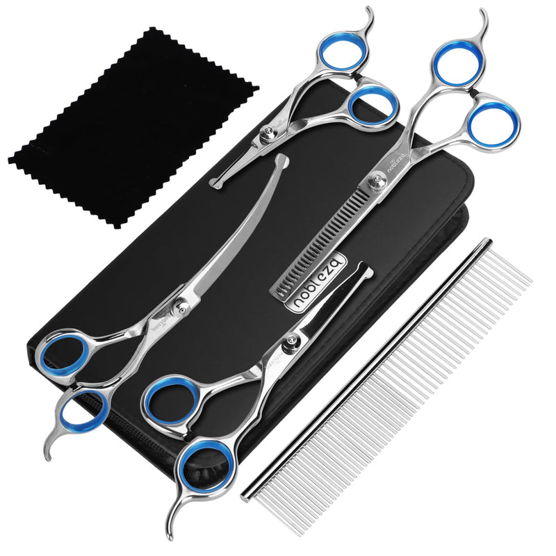 Nobleza Dog Grooming Scissors Set 6 in 1, Dog Curved Scissors, Thinning Scissors, Long and Short Straight Scissors Kit with Combs, Professional Stainless Steel Pet Scissors for Puppy Cat Hair Trimming Silver - PawsPlanet Australia