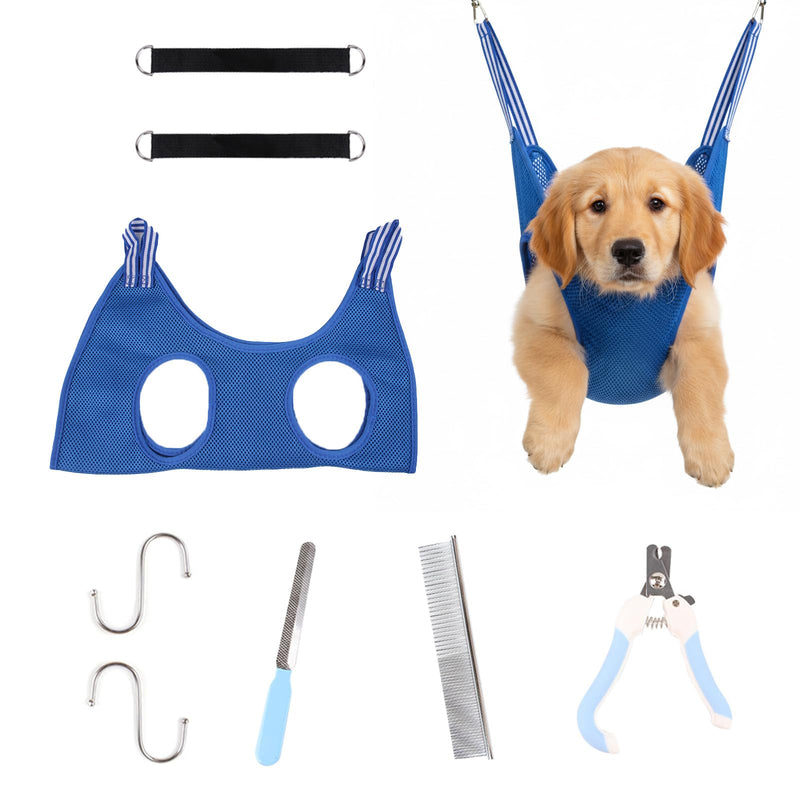 Dog Grooming Hammock Harness Kit, Breathable Dog Sling for Nail Clipping/Trimming, Adjustable Pet Grooming Restraint Bag with Clippers File Comb S-hooks Slings Grooming Supplies Kit for Claw Care Blue