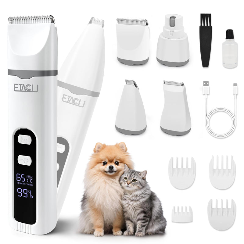 ETACCU 4 in 1 Dog Clippers Grooming Kit with LED Display Dog Clippers & Paw Trimmer Low Noise Cordless Pet Shaver Trimmer Nail Grinder for Dogs and Cats