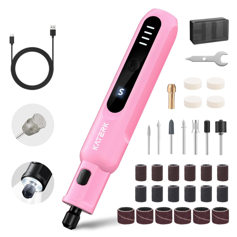 Katerk Pet Dog Nail Grinder - 5 Speed Quiet Electric Dog Nail Trimmer with 360°LED Light, 2500mAh Rechargeable, 32PCS Cordless Rotary Tool for Small Medium Large Dogs & DIY Sanding, Carving (Pink) Pink - PawsPlanet Australia