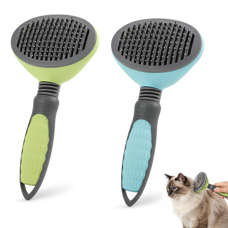 2 Pcs Cat Dog Brush, Pet Grooming Comb, Self Cleaning Cat Dog Slicker Brushes for Shedding, Pet Grooming Tool, One Click to Clean, Easy to Remove Loose Fur, for Shedding & Furry Pets, Blue, Green