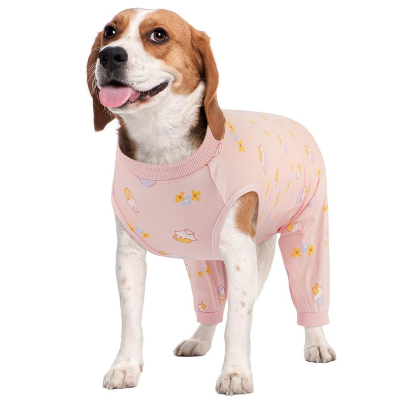 Kuoser Dog Surgery Recovery Suit Female Male, Dogs Surgical Suit with Body Sleeve Hind Legs to Prevent Licking Bite, Dog Bodysuit with Leg Braces Wound Cover, Pink Cake XL XL(Back:18.11")