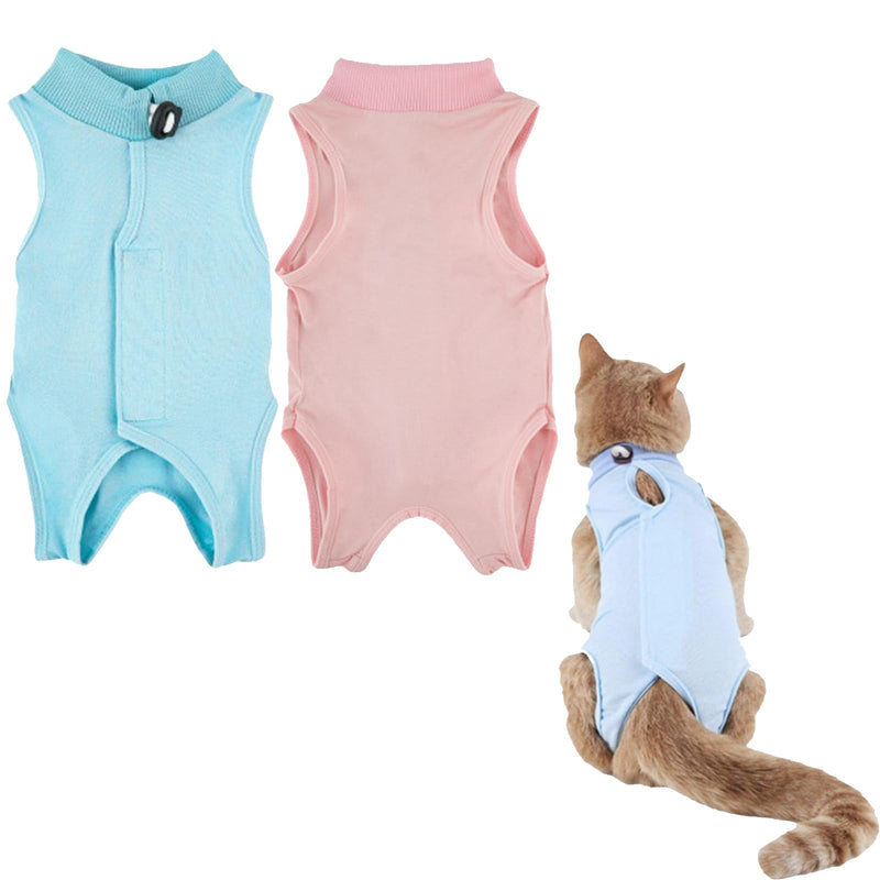 2PCS Cat Recovery Suit for After Surgery, Breathable Anti-Lick Cat Onesie Bodysuit, Soft Spay Surgical Recovery Clothes for Cats Kittens, E-Collar & Cone Alternative (Pink Blue, M)