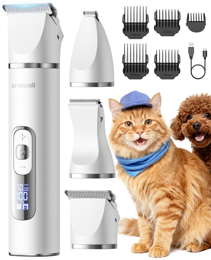 oneisall Quiet Cat Clippers for Matted Fur, Cat Grooming Kit 3 in1 with LCD Display, 3 Speed, Cordless Cat Paw Trimmer, IPX7 Waterproof Cat/Dog Clippers for Paw/Butt/Back/Face/Ear - PawsPlanet Australia