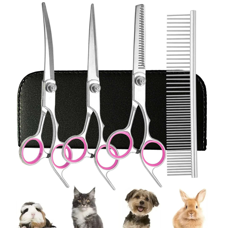 Pet Grooming Scissors Set 4 Pieces,Stainless Steel Dog Grooming Scissors Curved Used for Dog Cat and More Pets - with 6.8in Cutting ScissorsThinning Shear, Curved Scissors, Grooming Comb - PawsPlanet Australia