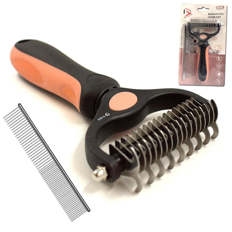 BeautyTrack Pet Dematting Comb Set, Dual-Sided Grooming Rake for Dogs and Cats, Professional Deshedding Tool with Stainless Steel Teeth, Pet Grooming Rake and Brushes for Small & Medium (Melon, L) Melon - PawsPlanet Australia