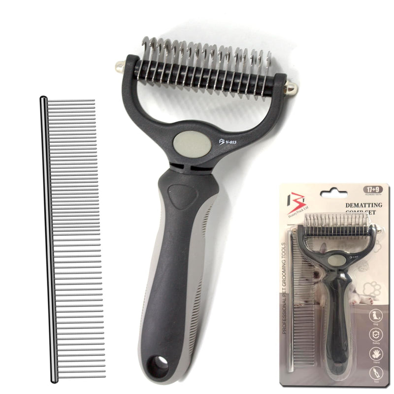 BeautyTrack Pet Dematting Comb, Dual-Sided Grooming Rake for Dogs and Cats, Stainless Steel Teeth with Metal Finishing Comb, Undercoat Rake Dog Cat (Black, L) Black - PawsPlanet Australia
