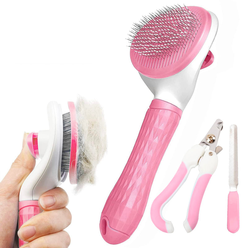 3 Piece Pet Grooming Kit – Self Cleaning Dog Brush, Professional Nail Clippers with Quick Sensor & Safety Lock, Plus Nail File – Ideal for Cats, Dogs, Puppies (Pink) Pink - PawsPlanet Australia