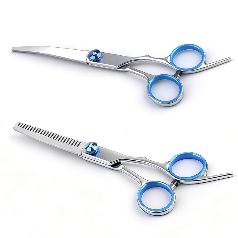 2 Pack Dog Grooming Scissors Set with Safety Round Tips Thinning Shears and Curved Scissors Stainless Steel Pet Grooming Kit for Long Short Hair for Dogs and Cats (Blue)