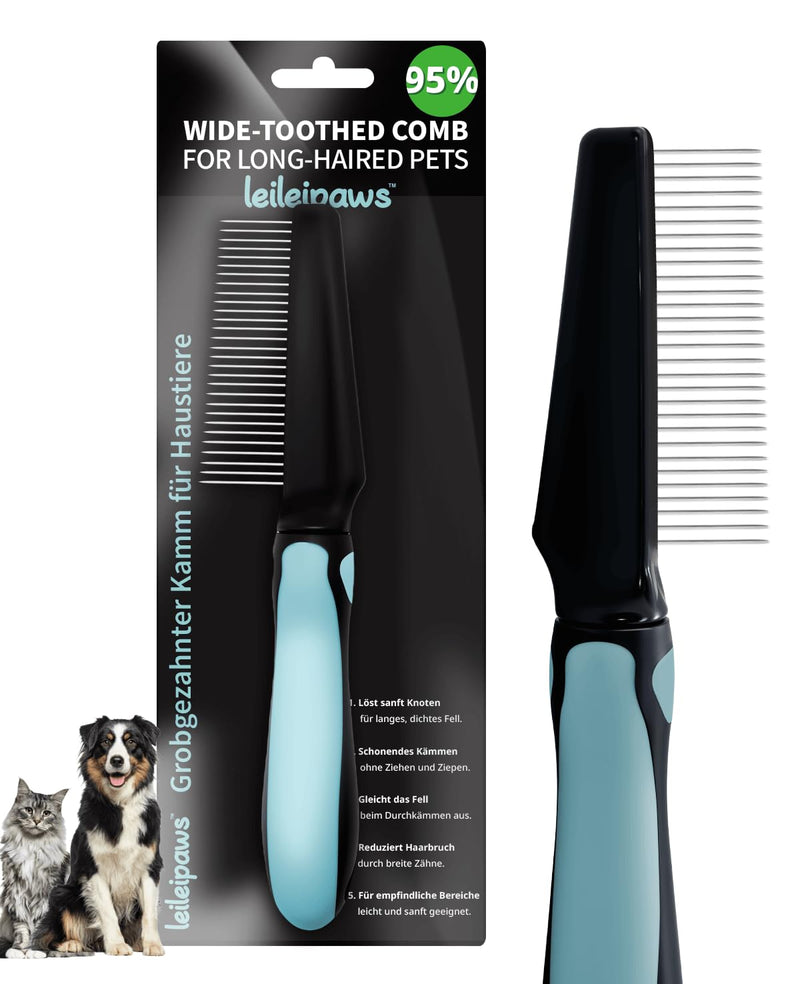 Detangling Comb & Wide Tooth Comb for Dogs & Cats - Grooming Comb Against Tangles, Loose Hair & Dirt - Stainless Steel Teeth, Ergonomic Non-Slip Handle, for Long Hair & Curly Fur Pets