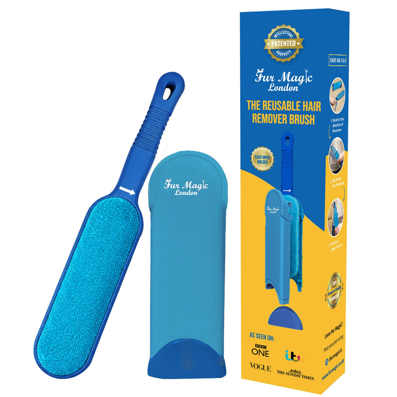 Fur Magic Pet Hair Remover Brush, Updated Design with Easy Open Self-Cleaning Base, Reusable Lint and Fur Remover for Clothes, Carpets, Stairs, Dogs, Cats and Rabbits, Blue New Blue Brush