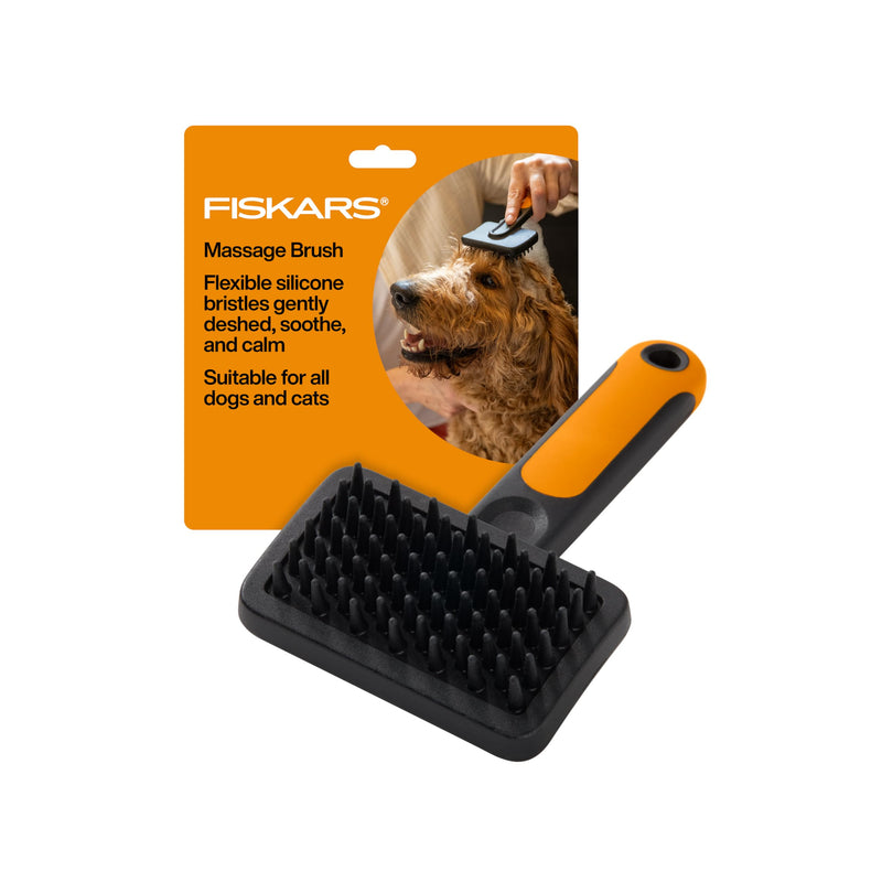 Fiskars Pet Massage Brush, Cat and Dog Brush, Flexible Silicone Bristles & SoftGrip™ Handle for Gentle Deshedding, 6.5”, Orange/Black
