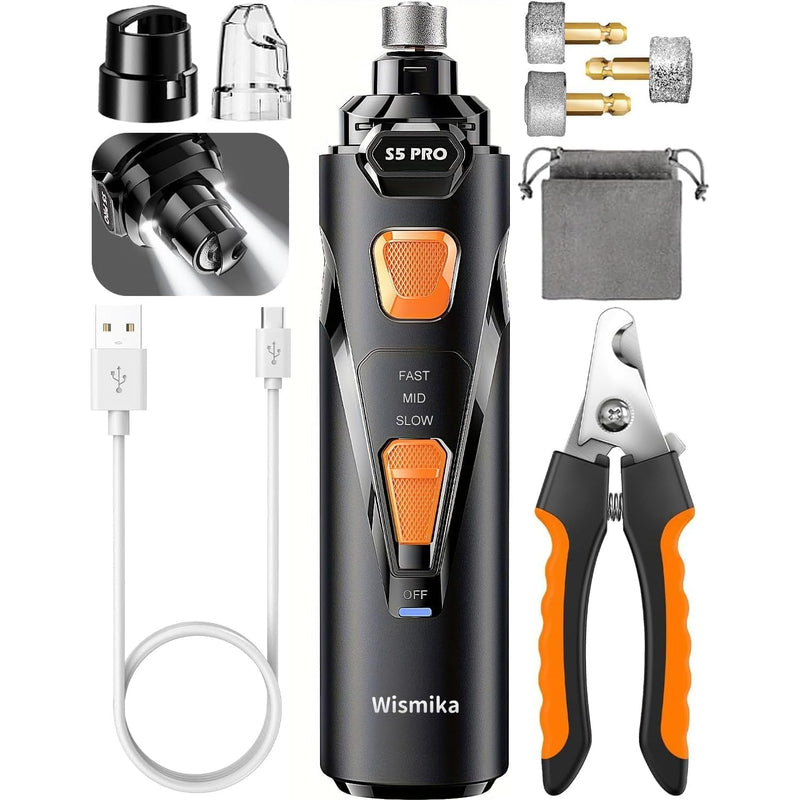 Whisper Quiet Electric Dog Nail Grinder with LED Light - Professional 3-Speed Pet Nail Trimmer for Stress-Free Grooming - Painless Paws Care for All Breeds, USB Rechargeable