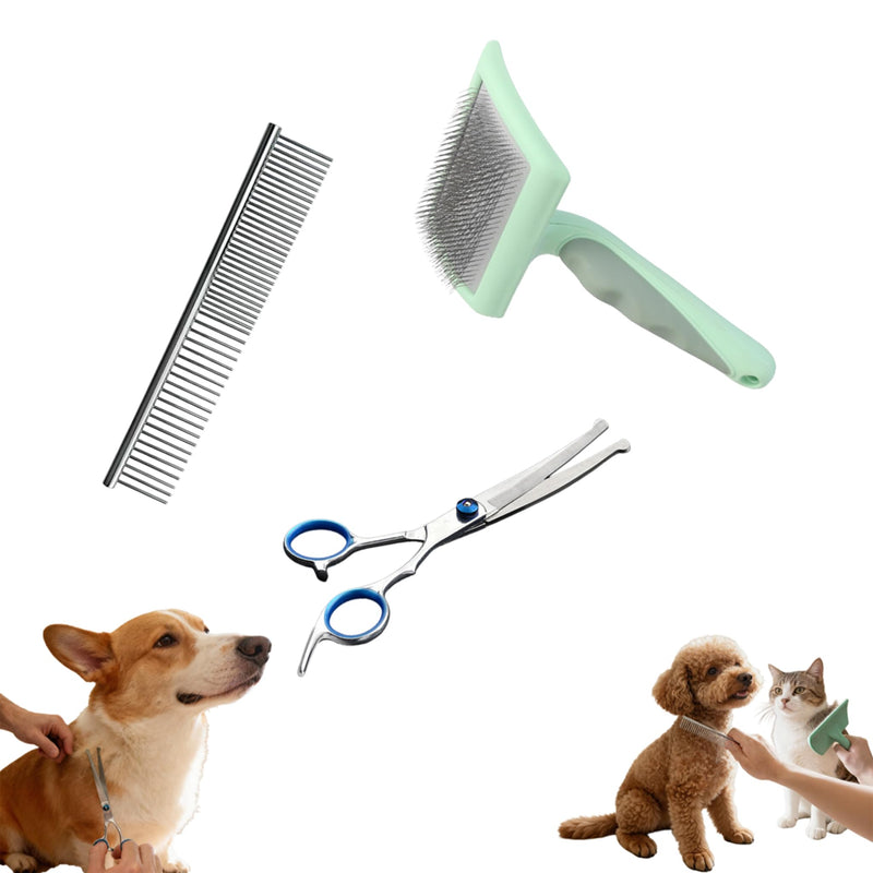 3-in-1 Dog Grooming Kit: 304SS Anti-Static Slicker Brush, Ergonomic Grooming Scissors & Comb | Professional & Calming Design for Professional & Experienced Owners | Gentle Bonding Rituals
