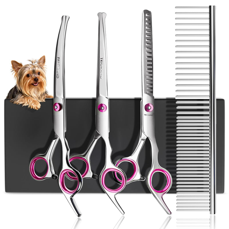 Dog Grooming Scissors, Rust-Resistant Steel, Professional Dog Scissors Grooming with Safe Rounded Tips, Ergonomic Handle, One-Piece Design,Professional Hair for Trimming Face, Paws &Tail,Pink Pink [5-in-1] - PawsPlanet Australia