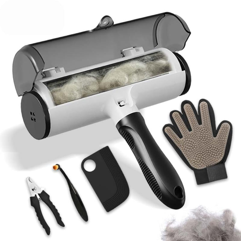 fiora 5-Pcs Multifunctional Pet Hair Remover Kit Reusable Lint Roller, Deshedding Glove, Pet Hair Scraper, Applicator Brush & Nail Clipper Hair Remover for Couch, Carpet, Car, Furniture & Bedding