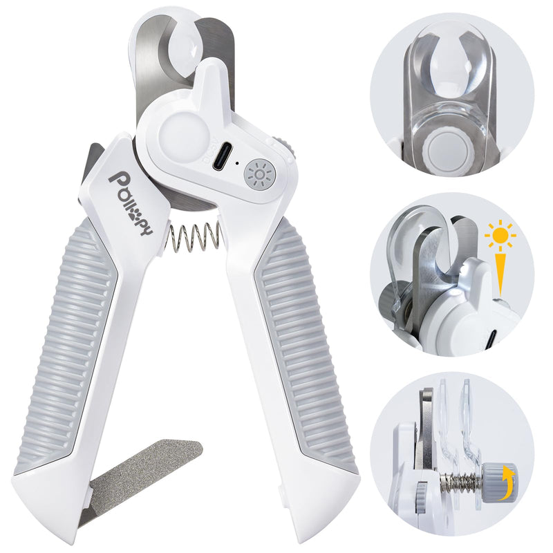 Dog & Cat Nail Clipper with 2 Adjustable Brightness LED lights, Safety Guard to Avoid Over-Cutting, Nail File, Extra Sharp Trimmer for Thick Pet Nails Grooming, Quick Sensor, Safety Lock, Rechargeable
