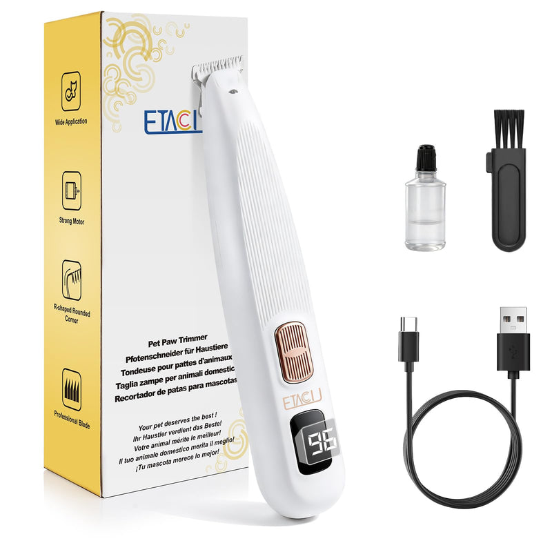 ETACCU Dog Paw Trimmer, Ultra-Quiet Pet Paw Hair Clipper with LED Light - Electric Calm Clippers Shaver for Cats Grooming Tool for Eyes, Ears, Face & Small Areas (White, with Screen Display) White - PawsPlanet Australia