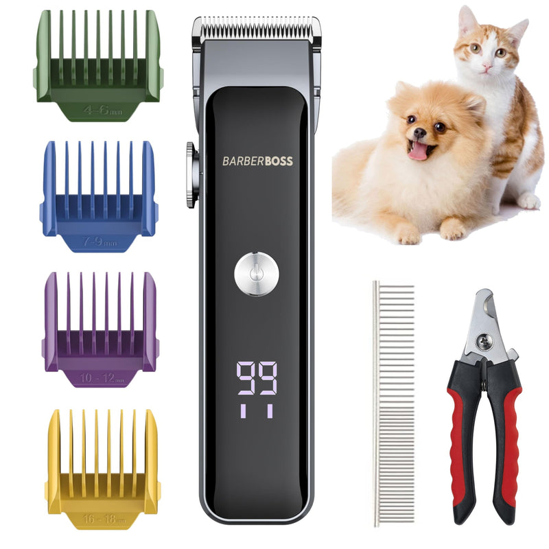 BarberBoss Pet Grooming Kit, Cordless Dogs Groomer, Cats Hair Clippers, Pet’s Hair Trimmer for Thick, Matted Fur, Quiet Motor & LED Display, All-in-One Dog Grooming Kit