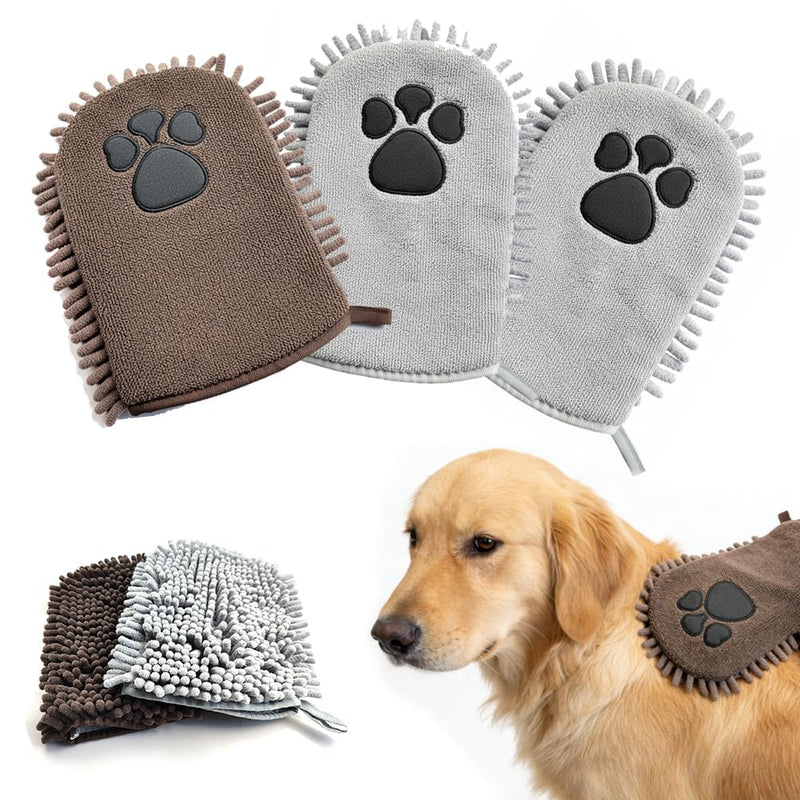 Super absorbent ultra-fine fiber pet drying, Chenille Fiber Dog Towel with Anti-Slip Paw Design, Quick-Drying Super Soft Bath Glove for Dogs & Cats, Brown & Grey, Pack of 3
