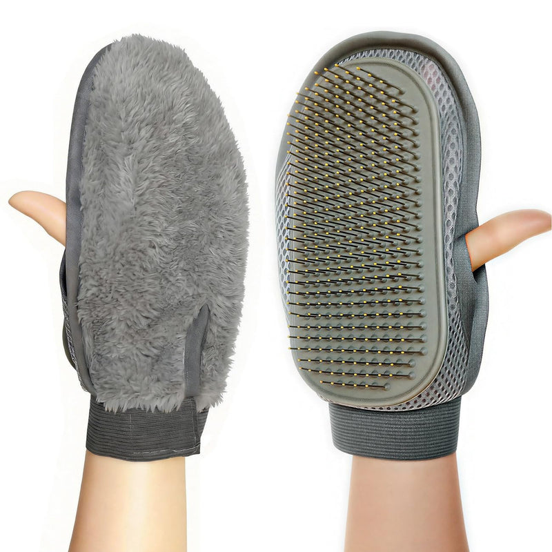 Pet Grooming Glove Double-Sided, Grey, 24 x 16 cm, Massage and Hair Removal Brush for Dogs and Cats, TPR Rubber with Steel Needles, Can be Used Left and Right-Handed
