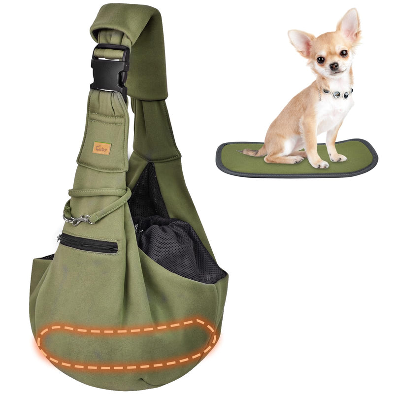 CUBY Puppy Carrier, Adjustable Reversible Cat Dog Sling Carrier for Small Medium Dogs Hands-free Puppy Sling Protect Shoulder Strap with Safety Belt Zipper Pocket Bottom Mat Military Green