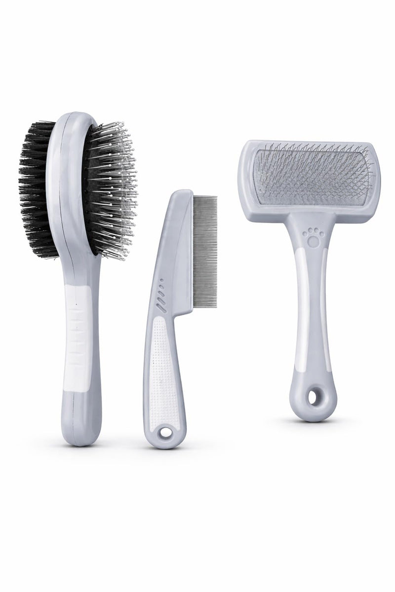 Pet Grooming Kit for Dogs & Cats – 3-in-1 Dog Grooming Set with Slicker Brush, Dual Bristle Brush & Flea Comb – Removes Loose Fur, Reduces Shedding