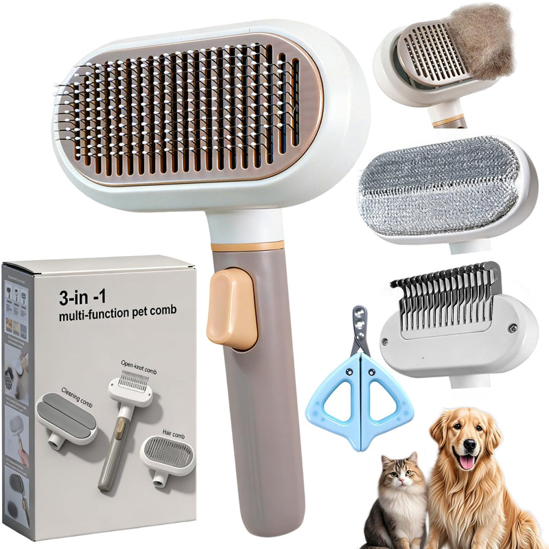 3-in-1 Cat Brush Long Hair and Dog Brush, Versatile Self-Cleaning Hair Comb, Stainless Steel Comb Removes Unwanted Hair and Untangling Knots, Massage Bristles, One Button Hair Removal