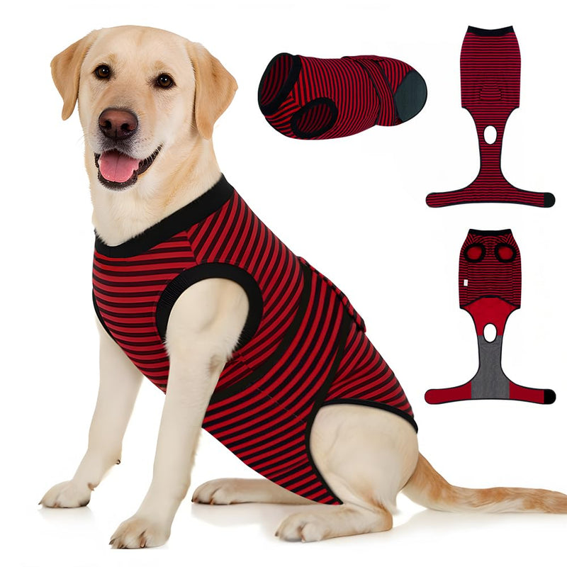 AUYAO Dog Recovery Suit Dog Surgery Bodysuit Anti-Licking Puppy Medical Surgical Suits Abdominal Wounds Protector Male Castration Onesie Post Op Dogs Surgery Shirt Pet Cone E-Collar Alternative(L) L Hook & Loop Fastener Style-red Black Stripes